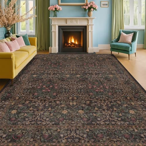 Hazo Haus Dark Brown 10x14 Area Rugs for Living Room - Extra Large Vintage Western Unique Neutral Floral, Washable Low Pile Non-Slip Soft Thin Area Rug for Dining Under Table, Bedroom Under Bed - Image 3