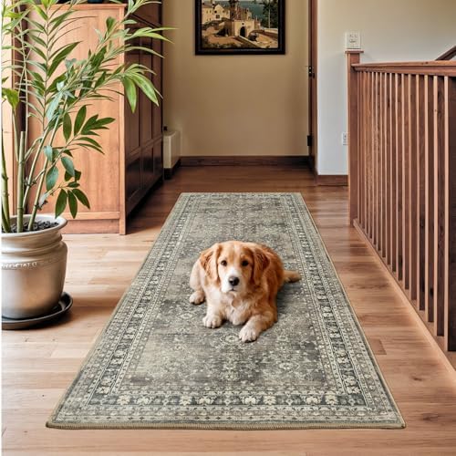 Lessymo Runner Rugs 2x6 ft, Vintage Brown Machine Washable Rug for Hallway Kitchen Bedroom, Non Slip Low Pile Soft Long Area Rug, Distressed Boho Floral Accent Carpet - Image 3