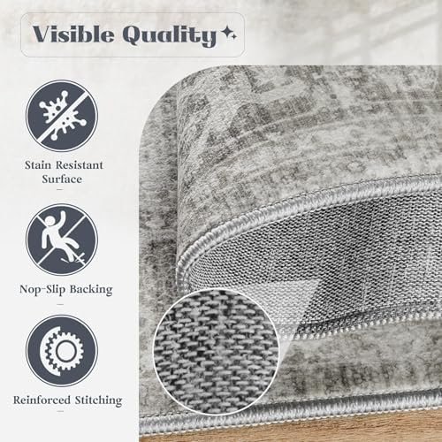Area Rug 6x9 Washable Rug, Vintage Boho Medallion Rugs Non-Slip Soft Low Pile Large Distressed Rug Indoor Retro Carpet for Living Room Bedroom Dining Room Home Office (Grey, 6'x9') - Image 6