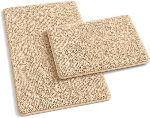 RUN HELIX Beige Bath Mat Set - 32"L x 20"W + 24"L x 16"W, Non Slip, Machine Washable, Home Decor by RUNHELIX