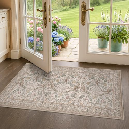 Moss Green 2x4 Washable Entry Rug, Small Throw Rugs for Bathroom Entryway Kitchen, Non Slip Doormat Indoor Entrance, Farmhouse Floral Low Pile Stain Resistant Carpet by Evyhood