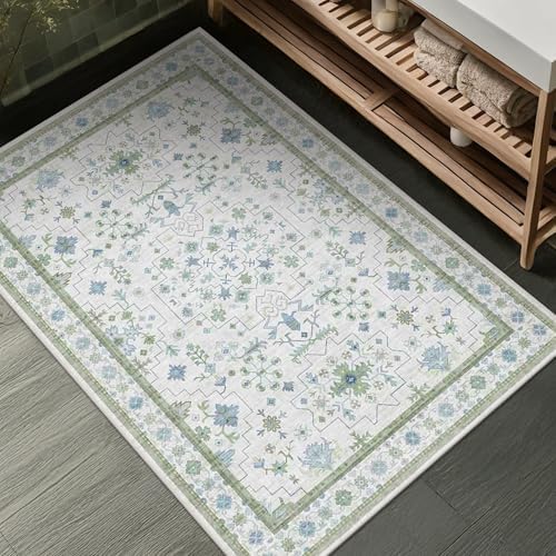 Washable Boho Bathroom Rug 2x3 - Small Throw Area Rugs for Powder Room, Laundry, Kitchen, Blue and Green Oushak Modern Eclectic Geometric Floral Pastel Decor, Low Pile Non-Slip Stain Resistant by HazoHaus