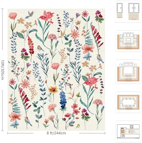 8x10 Area Rugs, Machine Washable Low Pile Floral Rugs for Living Room, Bedroom, Large Area Rug with Non-Slip Backing for Dining Room(Beige Floral) - Image 2