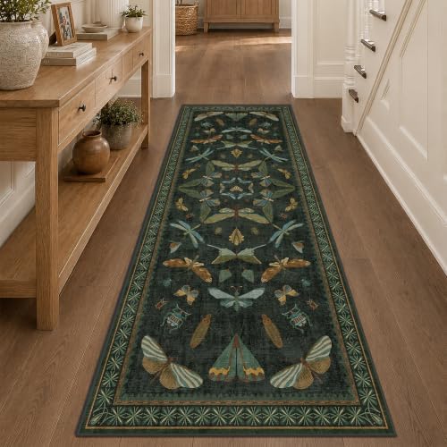3x8 Dark Green Long Hallway Runner Rug - 8ft Washable Non Skid Wide Runner Rugs for Kitchen, Entrance, Boho Insect Indoor Décor, Low Pile & Soft Stain Resistant Carpet by HazoHaus