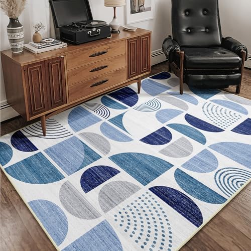 MUJOO Blue Rug Boho Washable,4x6.5 Area Rugs for Bedroom Entryway Living Room Bedside,Small Throw Floor Carpet Non Slip Soft Indoor Modern Abstract Navy Blue - Image 6