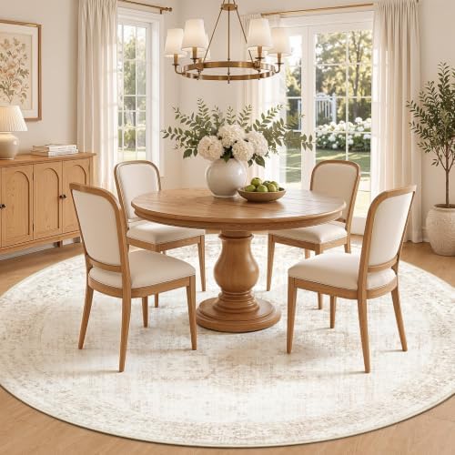Round Rugs 8ft Washable Rug, Vintage Boho Medallion Rugs Non-Slip Soft Low Pile Circle Distressed Rug Indoor Retro Carpet for Living Room Bedroom Dining Room Home Office (Beige, 8' Round) - Image 4