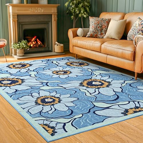 Area Rug 4x6 Blue Rug Washable Boho Rugs Non Slip Vintage Rugs Low Pile Floral Small Carpet for Living Room, Bedroom, Bedside, Kids Room, Office, Dining Room by STBRIDGE