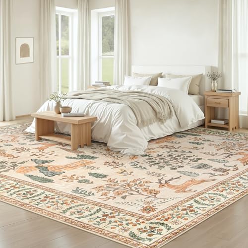 Living Room Rugs 9x12: Washable Boho Rug Farmhouse Non Slip Stain Resistant Large Rug Low Pile Soft Carpet for Bedroom Dining Room Children Room (Cream Animal,9'x12') - Image 2