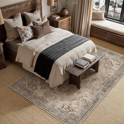 PureCozy Brown Area Rug 8x10 Living Room Vintage Floral Non-Slip Carpet - Image 3