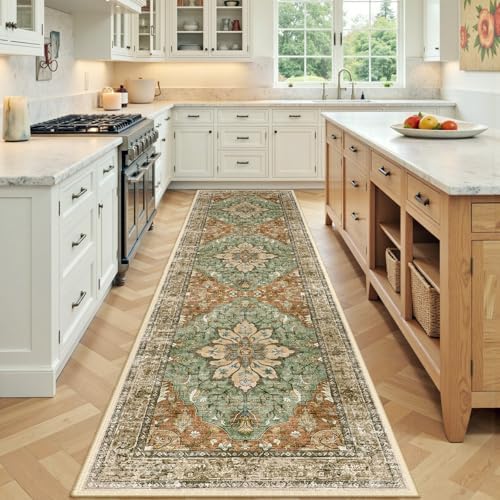 RELEANY Washable Area Rug, Runner 2'x7', Brick/Brown/Green by RELEANY