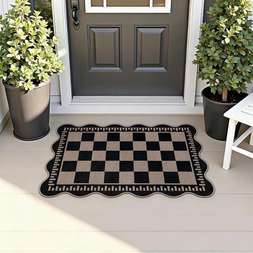 Checkered Easy Jute Entryway Rug, 2x3 Washable Non Slip Kitchen Rug, Indoor Outdoor Door Mat, Farmhouse Low Pile Floor Black Rugs for Porch Doorway - Image 3