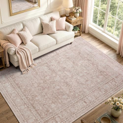 5x7 Ft Area Rugs for Living Room, Soft Non-Slip Machine Washable Rug, Vintage Stain Resistant Carpets for Bedroom Nursery Dining Room Home Decor (Grey Pink) by Lo%CC%80utiRootHome