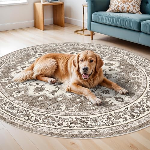 Washable 8ft Round Area Rug: Living Room Oriental Non Slip Ultra Soft Rugs - Image 6