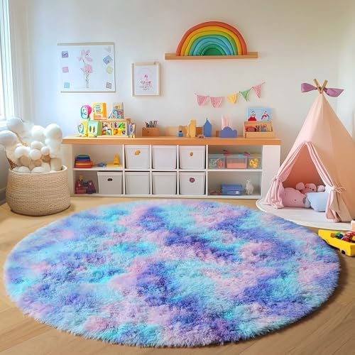 ONASAR Rainbow Round Area Rugs 6ft, Fluffy Soft Bedroom Circle Rug for Kids Girls Boys Teen Room, Plush Shaggy Floor Carpet Mats for Dorm Nursery Living Room Playroom Home Decor Aesthetic by ONASAR