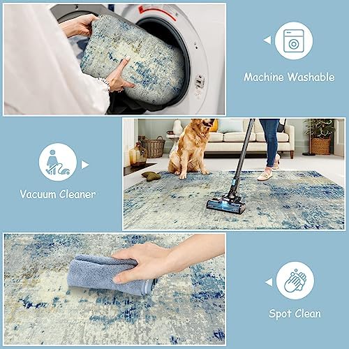 Lahome Modern Abstract Round Rug 4Ft, Blue Washable Front Door Mat Soft 4x4 Circle Rug for Entryway Bedroom Non Slip, Contemporary Indoor Floor Carpet for Living Room Sofa Bedroom Nursery Decor - Image 4