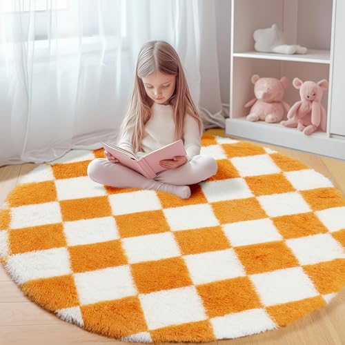 KICMOR Round Rugs 5ft Orange and Cream White Circle Area Rug, Fluffy Soft Fuzzy Shag Shaggy Bedroom Living Room Carpet, Indoor Checkered Circular Rug for Kid Boys Girls Home Decor Aesthetic, Nursery by KICMOR