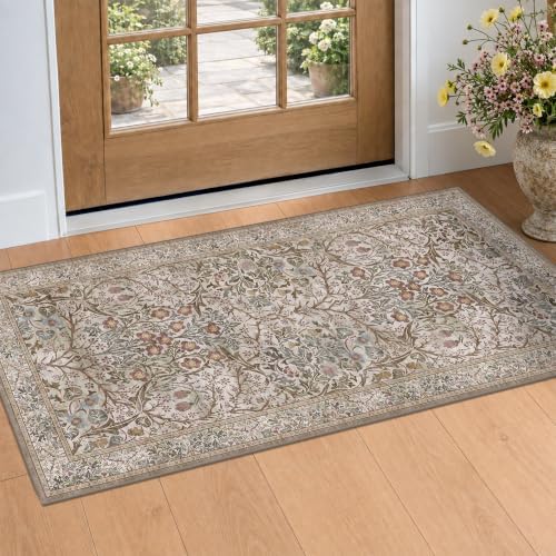 Moss Green Washable 2x4 Entry Rug - Front Door Rugs Indoor, Vintage Floral Style Small Rug for Kitchen, Bathroom, Non-Slip Boho Vintage Dark Taupe Entryway Décor by HazoHaus