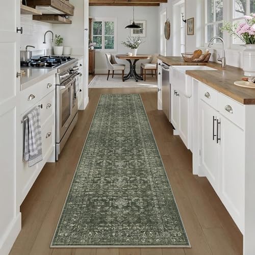 2x10 Washable Kitchen Runner Rug Soft Vintage Dark Green Throw Carpet by HOME