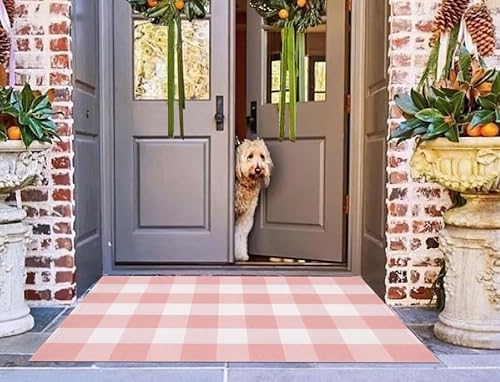 Pink White Layered Doormat 27.5"x43.3"Washable Buffalo Plaid Outdoor Rug - Image 6