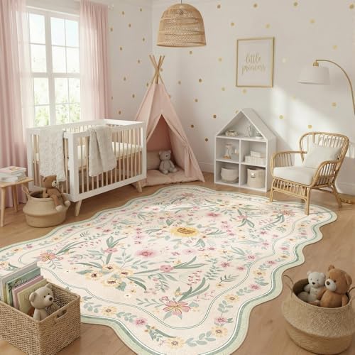 Scalloped Floral Rug 5x8,Sage Green Washable Girls Bedroom Rug by Dadasgk
