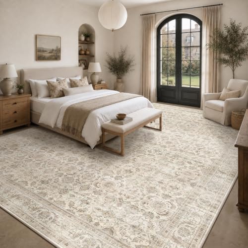 JOOJA 10x14 Large Beige Vintage Low Pile Non Slip Washable Neutral Area Rug - Image 3