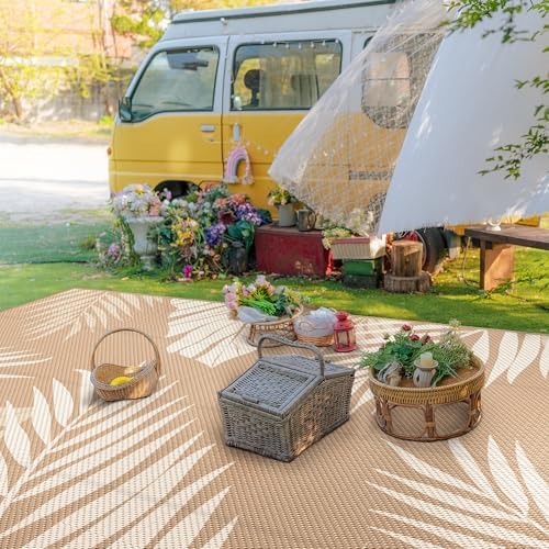 GENIMO Outdoor Rug, Waterproof Plastic Rugs 10'x14' for Camping Brown Beige - Image 3