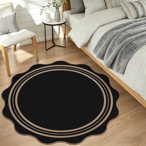 Scalloped Round Entryway Rug 4ft, Indoor Outdoor Patio Rug Washable Farmhouse Easy Jute Bedroom Area Rug, Non Slip Black Round Kitchen Circle Rugs for Living Room Front Porch - Image 7