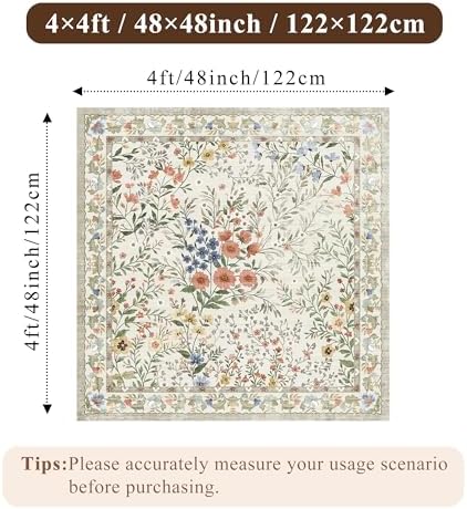 4x4 Square Entry Rug Foyer Entryway: Non-Slip Floral Washable Rugs for Indoor Floor Living Room Kitchen Bedroom - Soft Thin Doormat Carpet Boho Vintage Home Decor (4ft Square, Beige) - Image 2