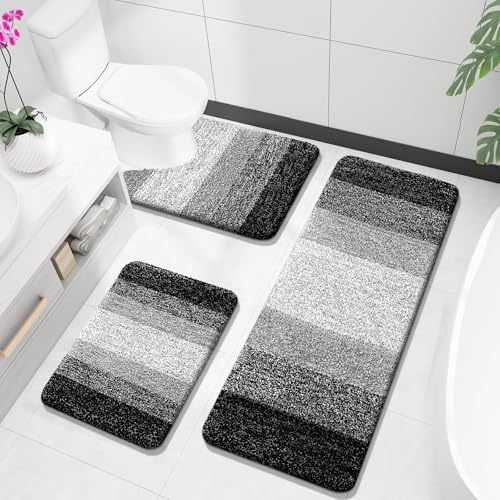 OLANLY Microfiber Bathroom Rugs Sets 3 Piece, Absorbent Bath Mats, Black by OLANLY