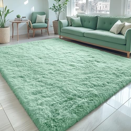 OLANLY 5x7 Machine Washable Large Area Rugs for Living Room, Bedroom, Soft Fluffy Shaggy Bedside Rug, Indoor Floor Carpet for Kids Girls and Boys, Dorms, Nursery, Home Decor Aesthetic, Mint Green by OLANLY