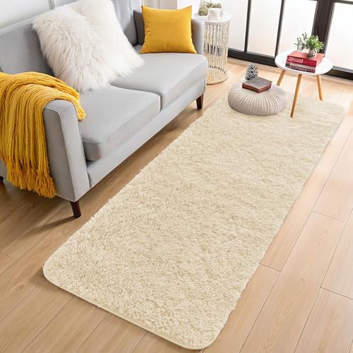 OLANLY 2x6 Machine Washable Runner Rugs for Hallway, Soft Fluffy Shaggy Bedside Rugs for Bedroom, Living Room, Indoor Floor Carpet for Kids Girls and Boys, Home Decor Aesthetic, Cream by OLANLY
