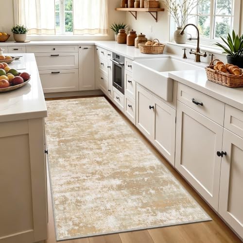 Hallway Runner Rug 3x6, Textured Non Slip Carpet Runner, Beige/Yellow - Image 2