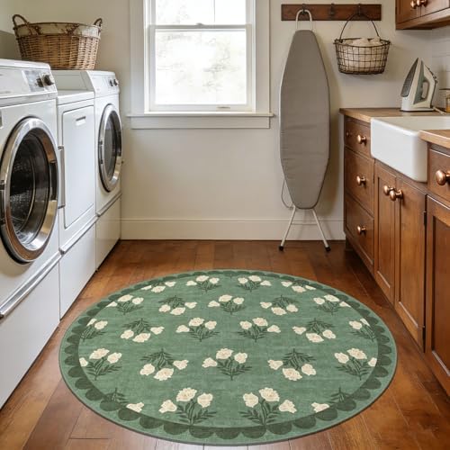 Sage Green 3ft Entryway Round Rug, 3x3 Small Floral Circular Rug - Image 5