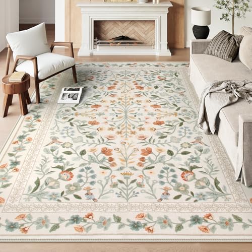 Lahome Beige Floral Washable Area Rug 8x10, Large Vintage Boho Carpet by Lahome