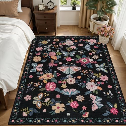 5x7 Area Rug Living Room: Soft Floral Washable Boho Carpet Black - Image 3