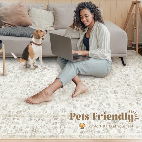Living Room Rugs 8x10: Washable Moroccan Geometric Boho Rug Farmhouse Non Slip Stain Resistant Large Rug Low Pile Soft Carpet for Bedroom Dining Room Children Room (Beige Floral,8'x10') - Image 5