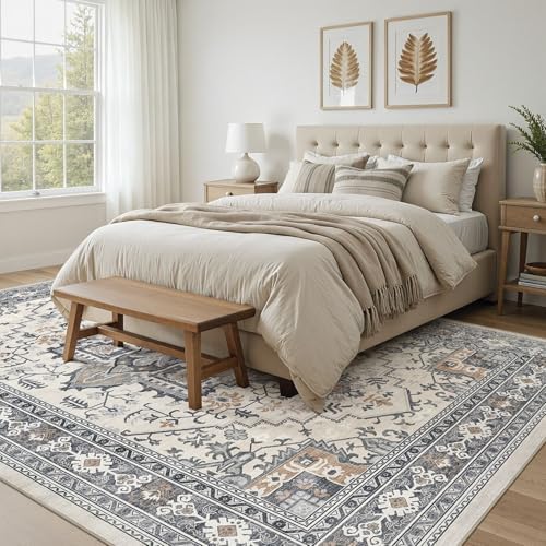 UERMEI 10x14 Area Rug Living Room Rugs - Washable Vintage Soft Large Rug Indoor Floor No Slip Rug Carpet for Bedroom Farmhouse Under Dining Table Home Office Decor - Grey-Orange - Image 4