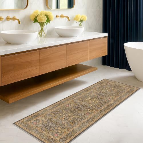 Hazo Haus Non Slip 2x7 Gold Brown Runner Rugs - Washable Long Runner for Bathroom, Kitchen, Hallway, Indoor Floor Mat, Bedroom Bedside - Brown Earthy Vintage Floral Décor by HazoHaus