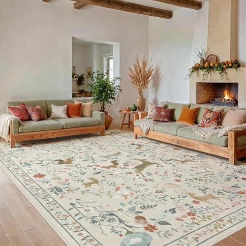 8x10 Area Rugs Boho Floral Washable Living Room Rug Neutral Carpet Bedroom - Image 2