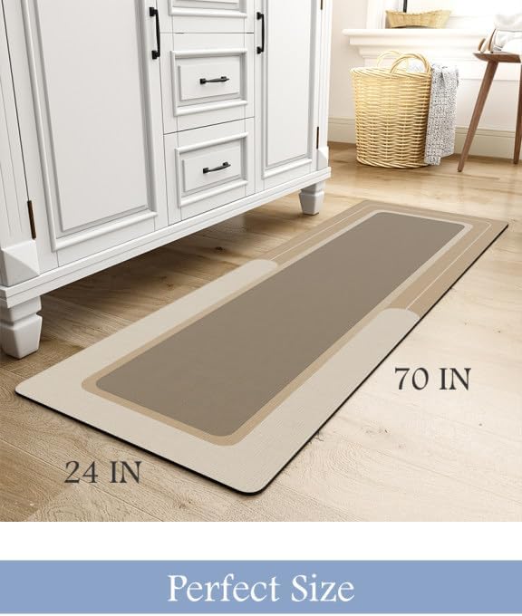 MontVoo-Bath Mat Rug Long Non Slip Super Absorbent Bathroom Runner Stain Resistant Quick Dry Thin Bathroom Mat Fit Under Door-24"x70",Beige - Image 2