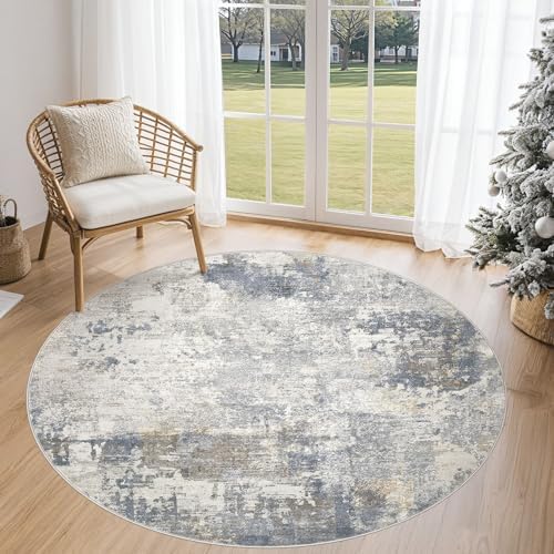 UERMEI 5ft Round Area Rug Living Room Rugs - 5x5 Washable Neutral Modern Abstract Soft Thin Rug Indoor Floor No Slip Rug Carpet for Bedroom Under Dining Table Home Office Decor - Blue Grey by UERMEI