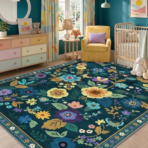 RELEANY Floral Washable 8x10 Area Rugs Teal/Purple - Image 2