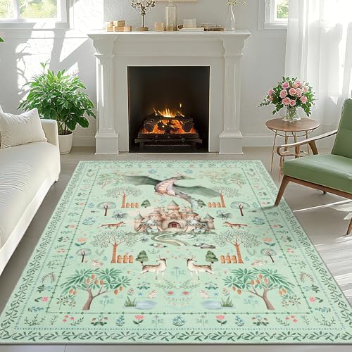 nesrt Washable Area Rugs 5x7ft Non Slip for Living Room Bedroom, Green Animal Printed Dragon Rugs, Soft Botanical Forest Nursey Playroom Floor Carpets for Dining Room Farmhouse Holiday Decor by nesrt