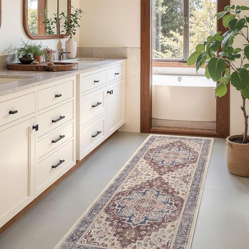 Maroon Blue 2x6 Hallway Runner Rug, Carpet Runners 6ft for Kitchen Non Slip Washable, Modern Vintage Floor Runner for Entryway Foyer, Medallion Rug Runner for Bathroom Bedroom Laundry Room - Image 4