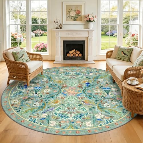 nesrt Boho Washable Round Bird Rug 8ft for Living Room, Soft Non-Slip Large Indoor Circle Rug, Low Pile Jungle Floral Decorative Nursery Carpet for Bedroom Dining Room Farmhouse Playroom (Green) - Image 5