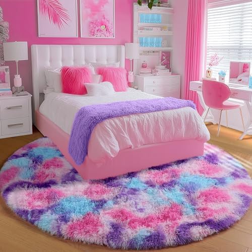 PAGISOFE Rainbow Purple Round Rug for Bedroom Girls 6Ft, Fluffy Cute Colorful Pastel Princess Carpet, Shaggy Girls Rug for Kids Room, Fuzzy Playroom Nursery Dorm Rugs, Hot Pink Purple Kids Room Decor - Image 4