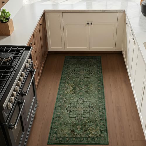 Dark Green Tranditional 2x6 Kitchen Runners Washable Non Slip, Low Pile Vintage Distressed Medallion Printed Carpet Runners for Hallway 6ft Indoor Entryway/Bedroom Bedside/Laundry Room/Bathroom - Image 4