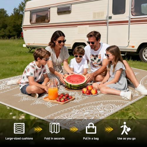 Pauwer Waterproof Outdoor Rug 6x9, Plastic Straw Patio Mat, Floral Brown - Image 5