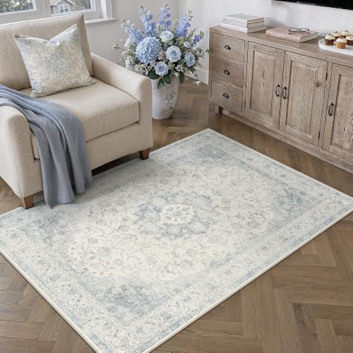 3x4 Blue Washable Area Rug Non Slip Vintage Carpet by WondRg