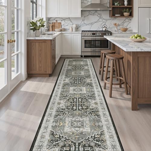 Madane Washable Runner Rugs 2x10 for Hallway Kitchen Grey Green/Black Olive - Image 3